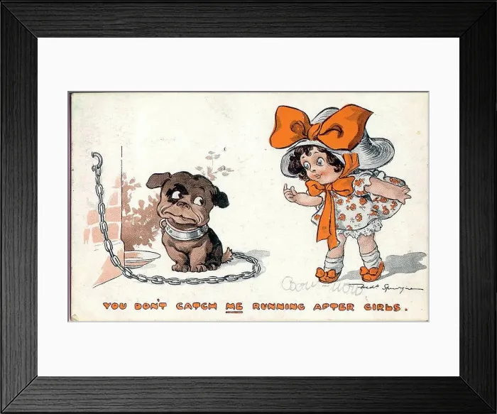Framed Print : Comic postcard, Little girl and dog - You don't catch me running after girls. Date: early 20th century