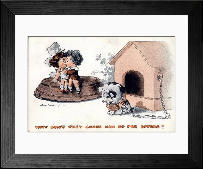 Framed Print : Comic postcard, Little girl and boy kissing, watched by dog - Why don't they chain him up for biting? Date: early 20th century Framed Print : Comic postcard, Little girl and boy kissing, watched by dog - Why don't they chain him up for biting? Date: early 20th century
