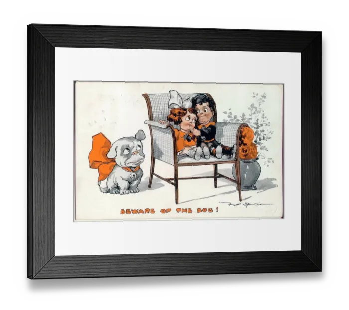 Framed Print : Comic postcard, Little girl and boy in a chair, watched by dog - Beware of the dog! Date: early 20th century Framed Print : Comic postcard, Little girl and boy in a chair, watched by dog - Beware of the dog! Date: early 20th century
