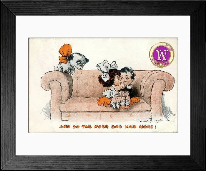 Framed Print : Comic postcard, Little girl and boy kissing on a sofa, watched by dog - And so the poor dog had none! Date: early 20th century Framed Print : Comic postcard, Little girl and boy kissing on a sofa, watched by dog - And so the poor dog had none! Date: early 20th century