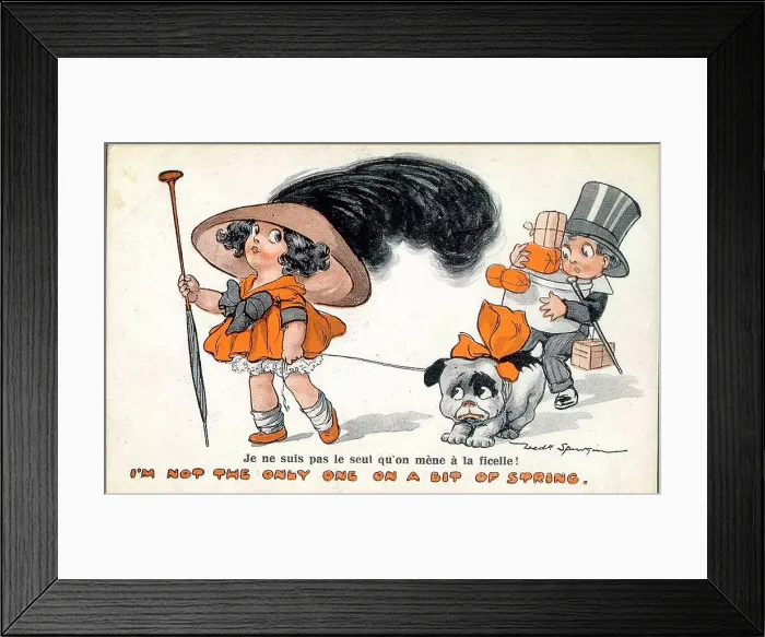 Framed Print : Comic postcard, Little girl shopping with boy and dog - I'm not the only one on a bit of string. Date: early 20th century Framed Print : Comic postcard, Little girl shopping with boy and dog - I'm not the only one on a bit of string. Date: early 20th century