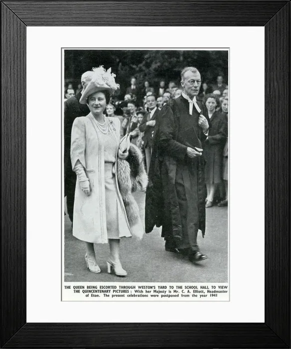 Framed Print : A Royal visit to Eton College by The King and Queen, Queen Elizabeth escorted through Weston's Yard by Headmaster Claude A Elliott Date: 1947 Framed Print : A Royal visit to Eton College by The King and Queen, Queen Elizabeth escorted through Weston's Yard by Headmaster Claude A Elliott Date: 1947