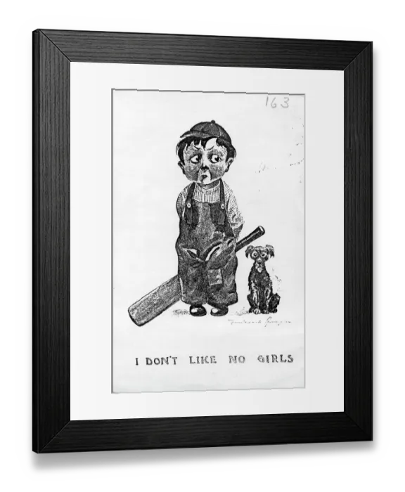 Framed Print : Comic postcard, Little boy and dog - I don't like no girls Date: early 20th century Framed Print : Comic postcard, Little boy and dog - I don't like no girls Date: early 20th century