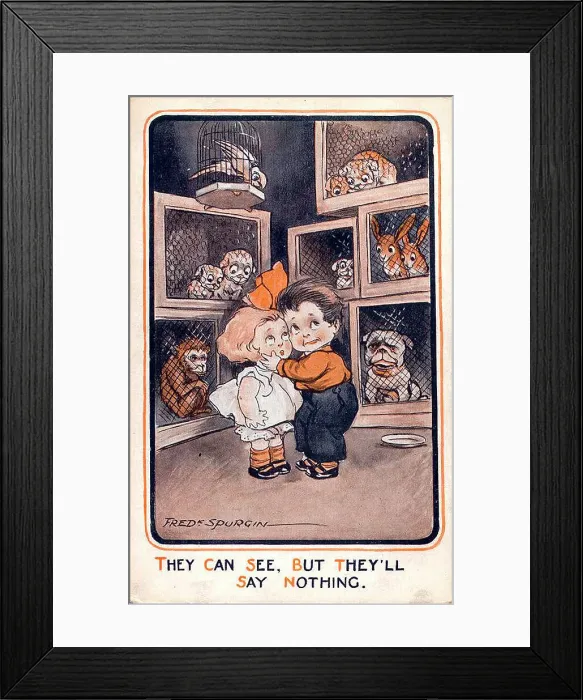 Framed Print : Comic postcard, Little girl and boy with audience of animals - They can see, but they'll say nothing. Date: early 20th century Framed Print : Comic postcard, Little girl and boy with audience of animals - They can see, but they'll say nothing. Date: early 20th century