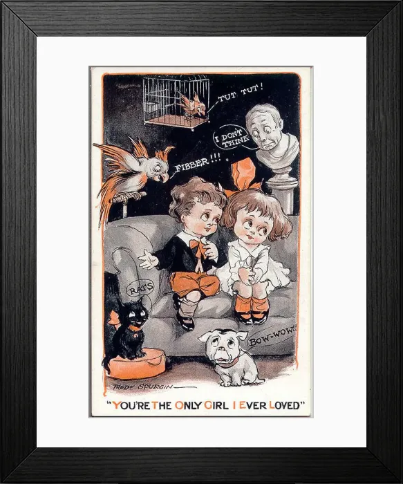 Framed Print : Comic postcard, Little girl and boy on a sofa, surrounded by birds and animals - You're the only girl I ever loved. Date: early 20th century Framed Print : Comic postcard, Little girl and boy on a sofa, surrounded by birds and animals - You're the only girl I ever loved. Date: early 20th century