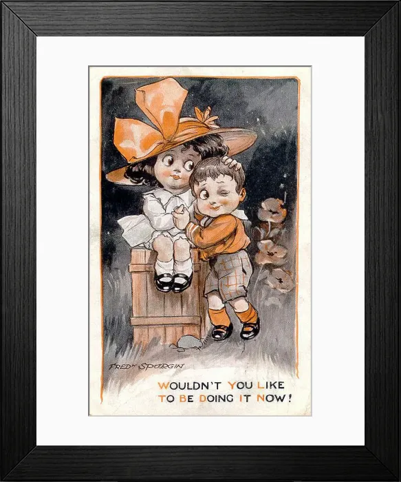 Framed Print : Comic postcard, Little girl and boy - Wouldn't you like to be doing it now! Date: early 20th century Framed Print : Comic postcard, Little girl and boy - Wouldn't you like to be doing it now! Date: early 20th century