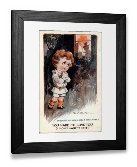 Framed Print : Comic postcard, Little boy watching girl through window - You made me love you (I didn't want to do it) Date: early 20th century Framed Print : Comic postcard, Little boy watching girl through window - You made me love you (I didn't want to do it) Date: early 20th century