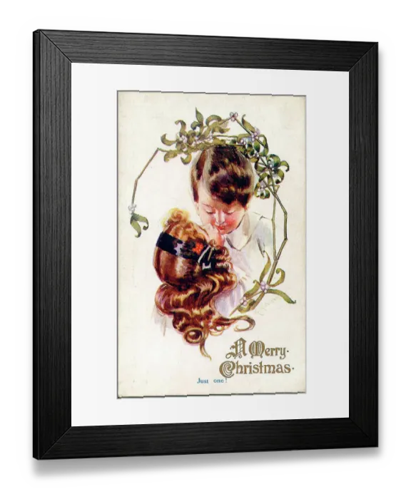 Framed Print : Christmas postcard, Girl and boy under mistletoe - Just one! Date: early 20th century Framed Print : Christmas postcard, Girl and boy under mistletoe - Just one! Date: early 20th century