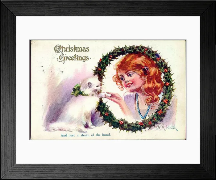 Framed Print : Christmas postcard, Girl and white cat - And just a shake of the hand. Date: early 20th century Framed Print : Christmas postcard, Girl and white cat - And just a shake of the hand. Date: early 20th century