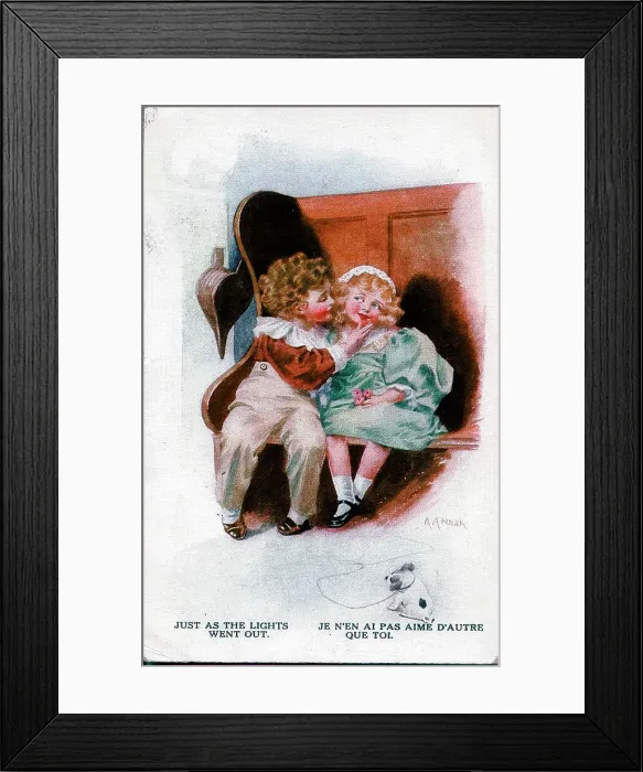 Framed Print : Romantic postcard, Girl and boy on a wooden bench - Just as the lights went out. Date: early 20th century Framed Print : Romantic postcard, Girl and boy on a wooden bench - Just as the lights went out. Date: early 20th century