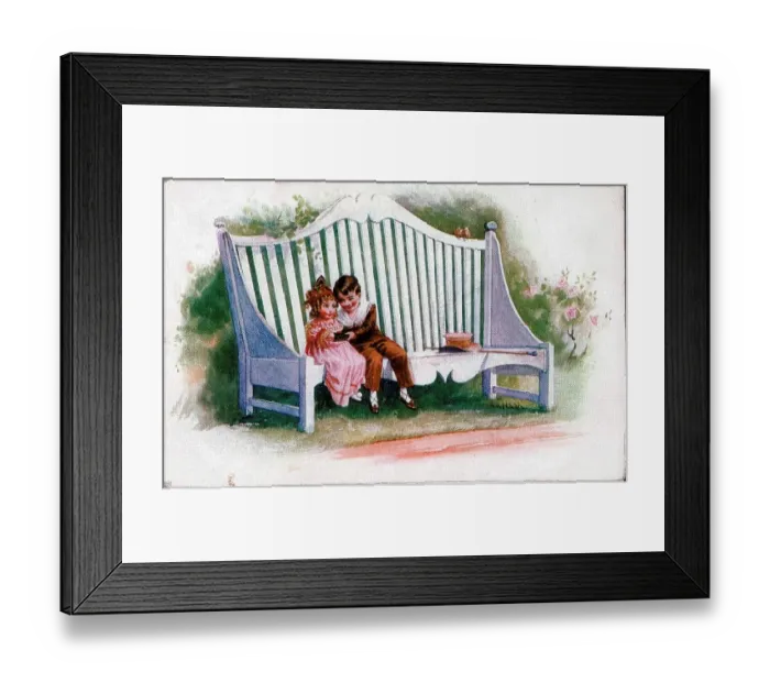 Framed Print : Romantic postcard, Girl and boy on a garden bench Date: early 20th century Framed Print : Romantic postcard, Girl and boy on a garden bench Date: early 20th century
