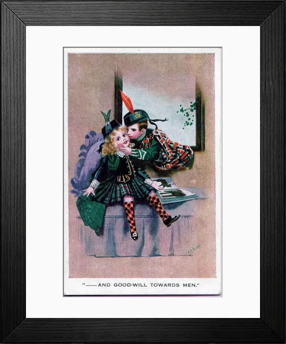 Framed Print : Romantic postcard, Girl and boy in tartan dress - And good-will towards men. Date: early 20th century Framed Print : Romantic postcard, Girl and boy in tartan dress - And good-will towards men. Date: early 20th century