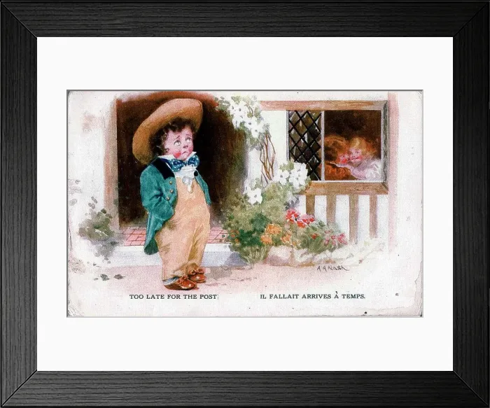 Framed Print : Romantic postcard, Little boy watching couple through window - Too late for the post. Date: early 20th century Framed Print : Romantic postcard, Little boy watching couple through window - Too late for the post. Date: early 20th century