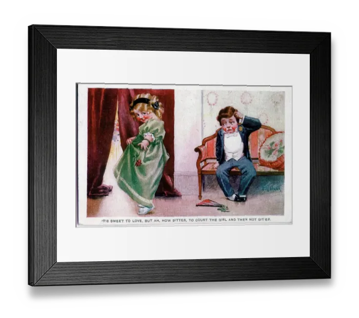 Framed Print : Romantic postcard, Girl rejects boy - Tis sweet to love, but ah, how bitter, to court the girl and then not git'er. Date: early 20th century Framed Print : Romantic postcard, Girl rejects boy - Tis sweet to love, but ah, how bitter, to court the girl and then not git'er. Date: early 20th century
