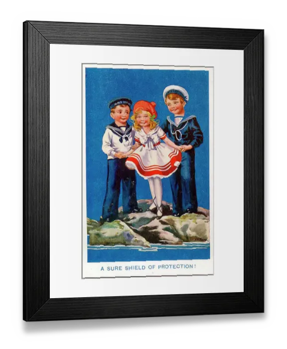 Framed Print : Postcard, Little girl with two sailor boys - A sure shield of protection! Date: 1914-1918 Framed Print : Postcard, Little girl with two sailor boys - A sure shield of protection! Date: 1914-1918
