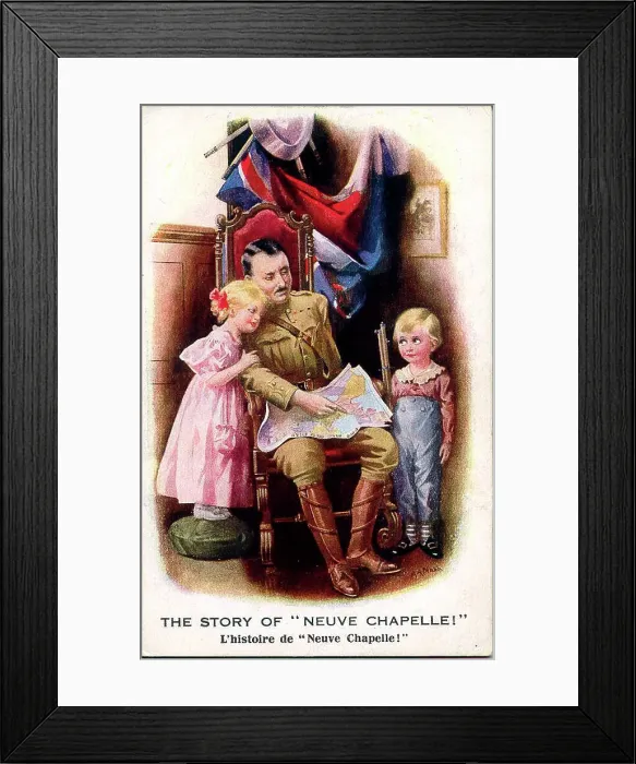 Framed Print : Postcard, Soldier with two children - The story of Neuve Chapelle (a battle which took place from 10 to 13 March 1915). Date: circa 1915
