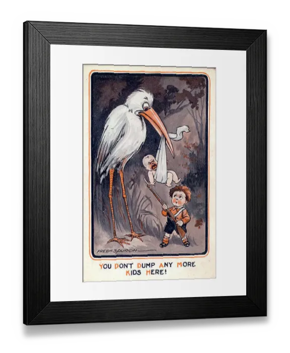 Framed Print : Comic postcard, Little boy with stork and baby - You don't dump any more kids here! Date: early 20th century Framed Print : Comic postcard, Little boy with stork and baby - You don't dump any more kids here! Date: early 20th century