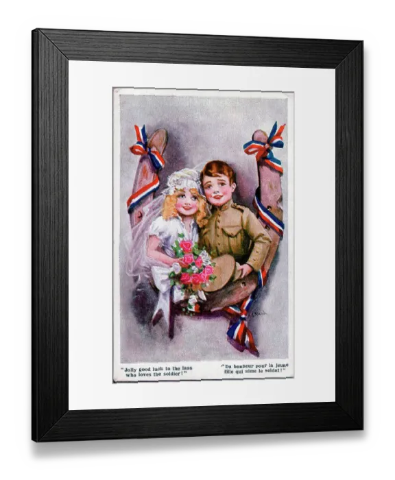 Framed Print : Postcard, Soldier's wedding - Jolly good luck to the lass who loves the soldier! Date: 1914-1918 Framed Print : Postcard, Soldier's wedding - Jolly good luck to the lass who loves the soldier! Date: 1914-1918