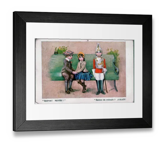 Framed Print : Postcard, Couple on bench with soldier standing alongside - Retreat! NEVER!! Date: 1914-1918 Framed Print : Postcard, Couple on bench with soldier standing alongside - Retreat! NEVER!! Date: 1914-1918