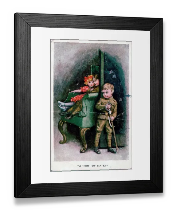 Framed Print : Postcard, Couple in chair with jealous soldier watching - A him of hate! Date: 1914-1918 Framed Print : Postcard, Couple in chair with jealous soldier watching - A him of hate! Date: 1914-1918