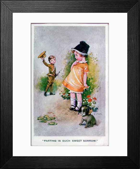 Framed Print : Postcard, Soldier waves goodbye to his girl - Parting is such sweet sorrow. Date: 1914-1918 Framed Print : Postcard, Soldier waves goodbye to his girl - Parting is such sweet sorrow. Date: 1914-1918