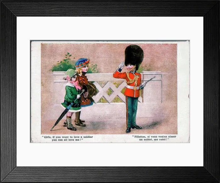 Framed Print : Postcard, Two girls and a soldier - Girls, if you want to love a soldier you can all love me! Date: 1914-1918 Framed Print : Postcard, Two girls and a soldier - Girls, if you want to love a soldier you can all love me! Date: 1914-1918