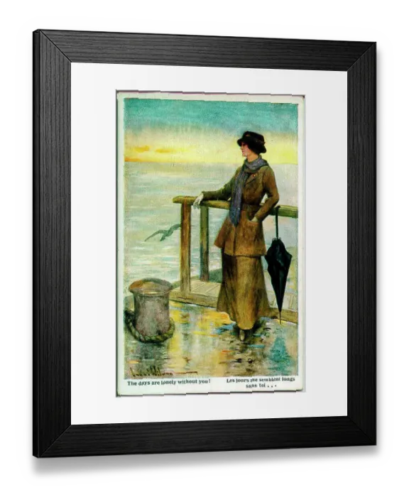 Framed Print : Postcard, Woman gazing out to sea - The days are lonely without you! Date: 1914-1918 Framed Print : Postcard, Woman gazing out to sea - The days are lonely without you! Date: 1914-1918