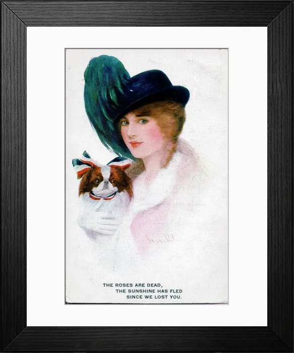 Framed Print : Postcard, Woman and dog feeling lonely - The roses are dead, the sunshine has fled since we lost you. Date: 1914-1918 Framed Print : Postcard, Woman and dog feeling lonely - The roses are dead, the sunshine has fled since we lost you. Date: 1914-1918