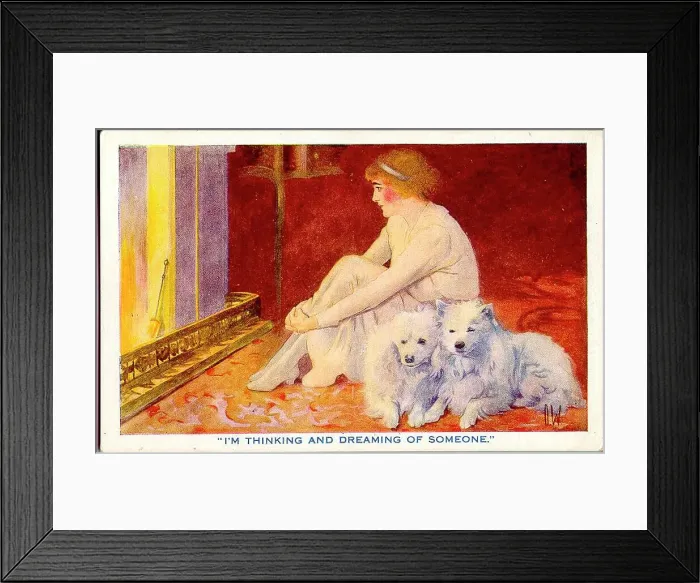 Framed Print : Postcard, Woman and dogs at the fireside - I'm thinking and dreaming of someone. Date: 1914-1918 Framed Print : Postcard, Woman and dogs at the fireside - I'm thinking and dreaming of someone. Date: 1914-1918