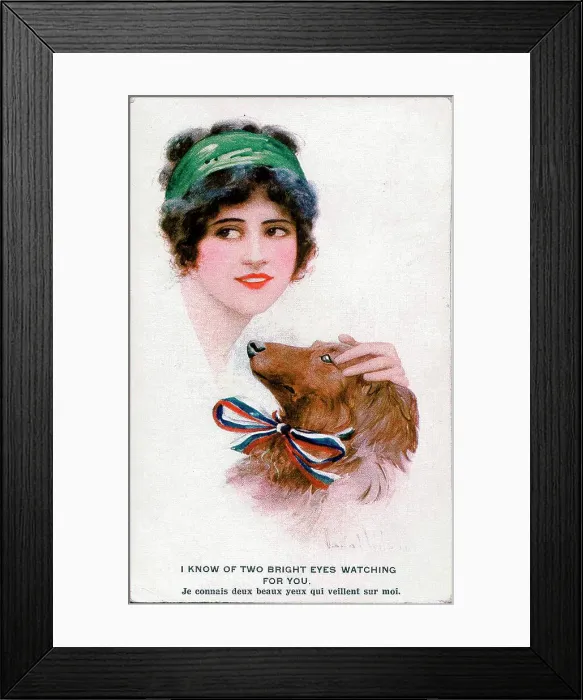 Framed Print : Postcard, Woman and dog - I know of two bright eyes watching for you. Date: 1914-1918 Framed Print : Postcard, Woman and dog - I know of two bright eyes watching for you. Date: 1914-1918