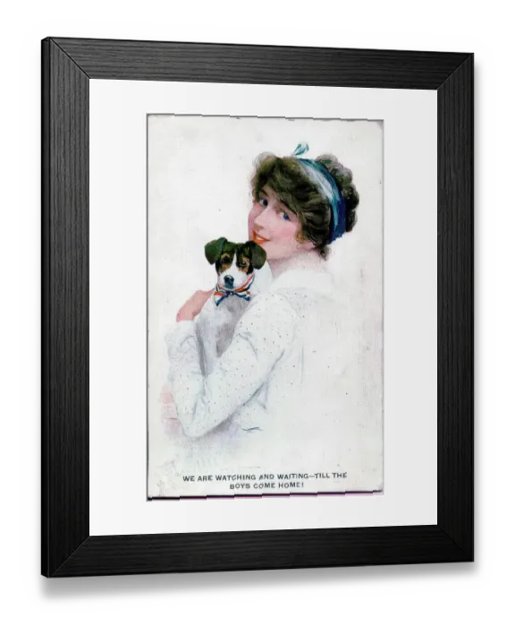 Framed Print : Postcard, Woman and dog - We are watching and waiting til the boys come home! Date: 1914-1918 Framed Print : Postcard, Woman and dog - We are watching and waiting til the boys come home! Date: 1914-1918