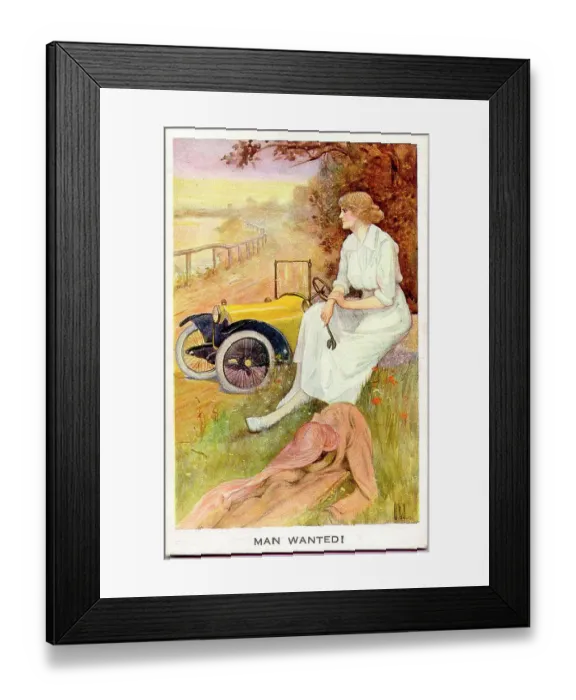 Framed Print : Postcard, Woman with broken down car - Man wanted! Date: early 20th century Framed Print : Postcard, Woman with broken down car - Man wanted! Date: early 20th century