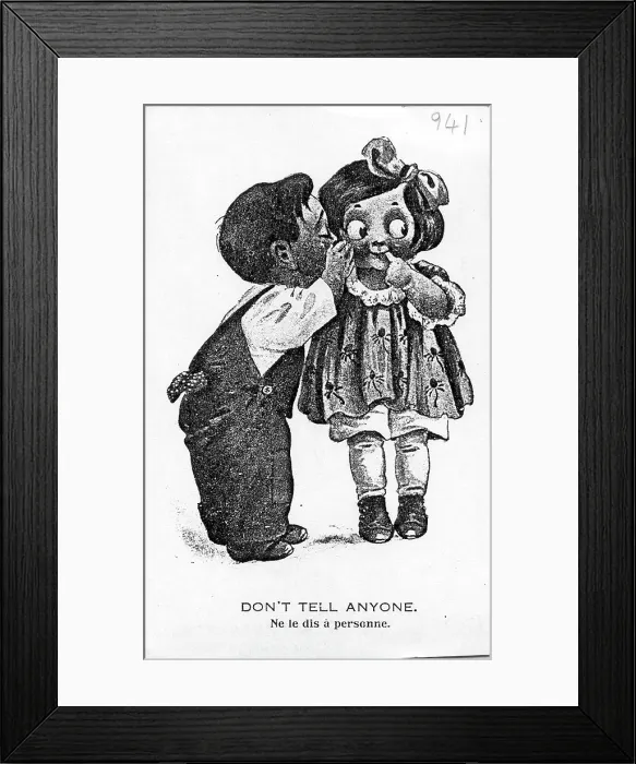 Framed Print : Comic postcard, Little boy whispering to little girl - Don't tell anyone, Date: early 20th century Framed Print : Comic postcard, Little boy whispering to little girl - Don't tell anyone, Date: early 20th century