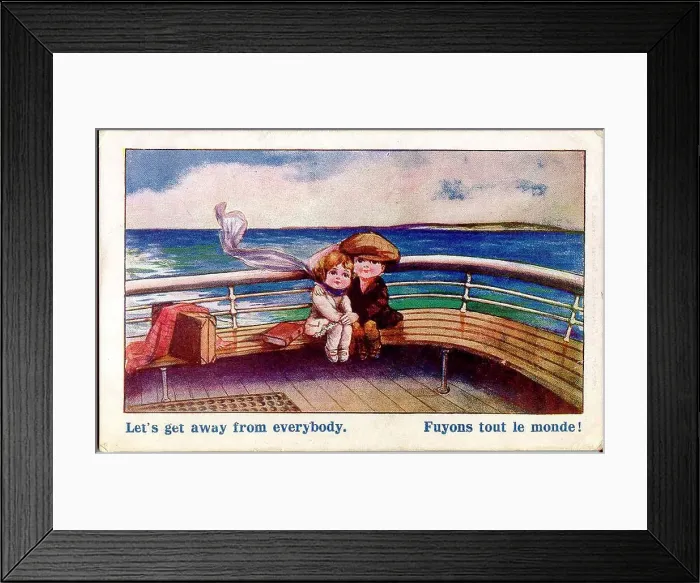 Framed Print : Comic postcard, Little boy and girl on a boat - Let's get away from everybody. Date: early 20th century Framed Print : Comic postcard, Little boy and girl on a boat - Let's get away from everybody. Date: early 20th century