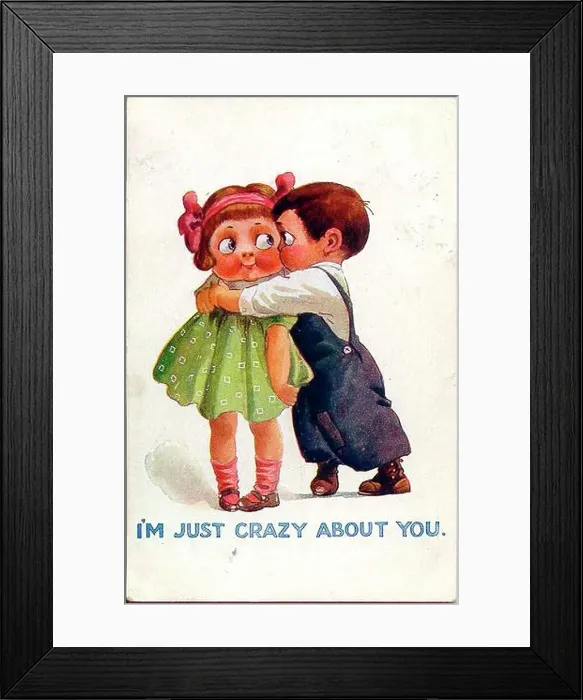 Framed Print : Comic postcard, Little boy kissing little girl - I'm just crazy about you. Date: early 20th century Framed Print : Comic postcard, Little boy kissing little girl - I'm just crazy about you. Date: early 20th century