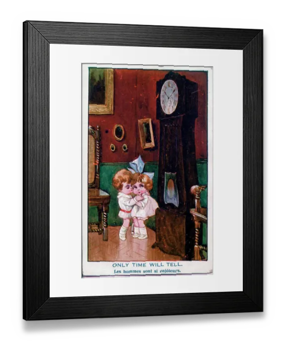 Framed Print : Comic postcard, Little boy kissing little girl - Only time will tell. Date: early 20th century Framed Print : Comic postcard, Little boy kissing little girl - Only time will tell. Date: early 20th century