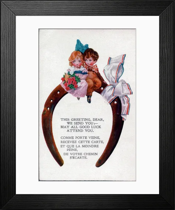 Framed Print : Good luck postcard, Little boy and girl, wedding. Date: early 20th century Framed Print : Good luck postcard, Little boy and girl, wedding. Date: early 20th century