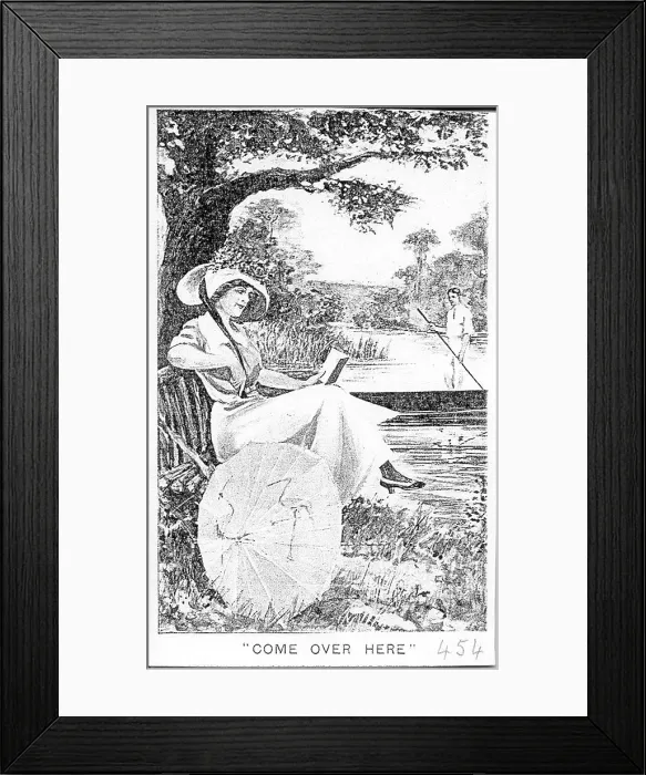 Framed Print : Comic postcard, Woman reading, man boating - Come over here. Date: early 20th century Framed Print : Comic postcard, Woman reading, man boating - Come over here. Date: early 20th century
