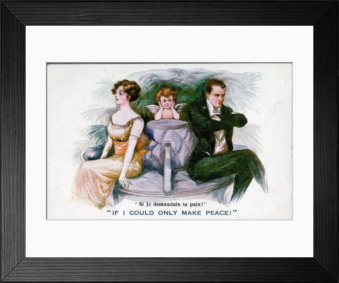 Framed Print : Comic postcard, Man, woman and Cupid - If I could only make peace! Date: early 20th century Framed Print : Comic postcard, Man, woman and Cupid - If I could only make peace! Date: early 20th century
