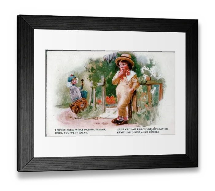 Framed Print : Romantic postcard, Little girl going away - I never knew what parting meant, until you went away. Date: early 20th century Framed Print : Romantic postcard, Little girl going away - I never knew what parting meant, until you went away. Date: early 20th century