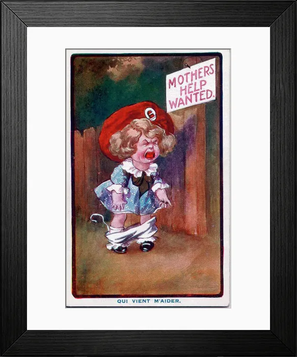 Framed Print : Comic postcard, Little girl in need of help - Mothers help wanted. Date: early 20th century Framed Print : Comic postcard, Little girl in need of help - Mothers help wanted. Date: early 20th century