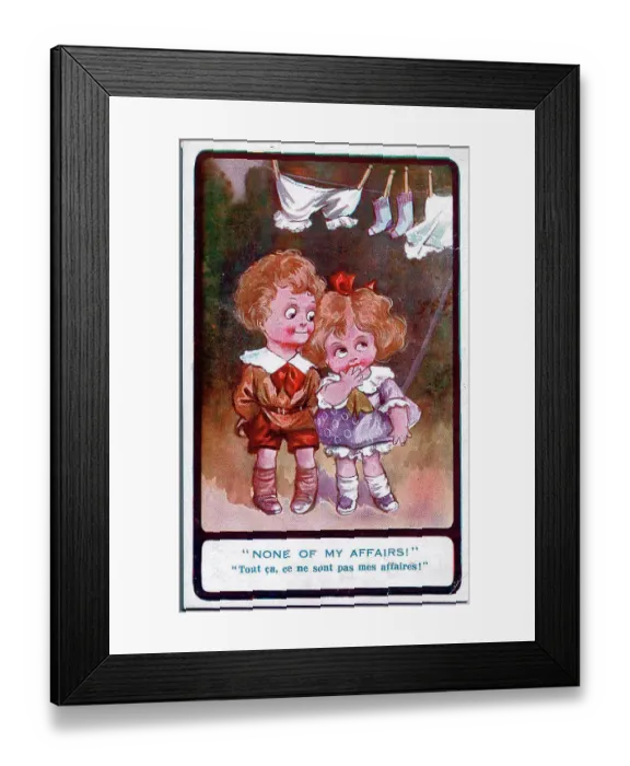 Framed Print : Comic postcard, Little boy and girl under washing line - None of my affairs! Date: early 20th century Framed Print : Comic postcard, Little boy and girl under washing line - None of my affairs! Date: early 20th century