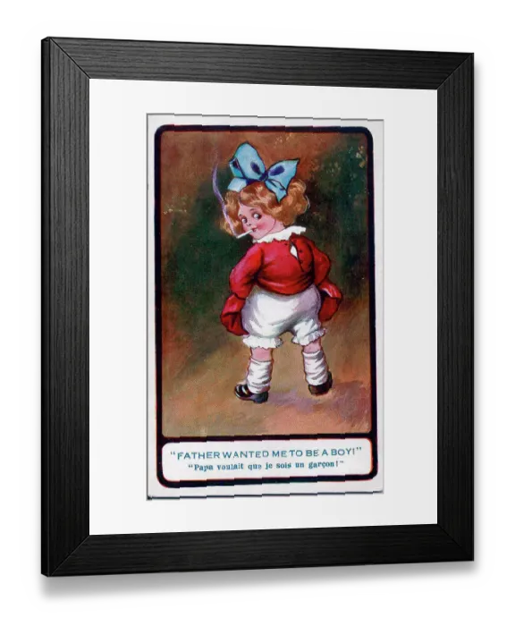 Framed Print : Comic postcard, Little girl smoking a cigarette - Father wanted me to be a boy! Date: early 20th century Framed Print : Comic postcard, Little girl smoking a cigarette - Father wanted me to be a boy! Date: early 20th century