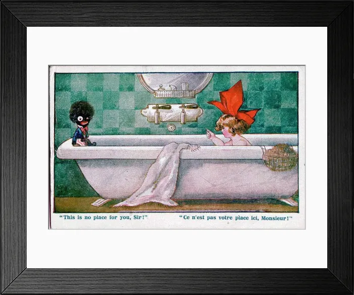 Framed Print : Comic postcard, Little girl in the bath - This is no place for you, Sir! Date: early 20th century Framed Print : Comic postcard, Little girl in the bath - This is no place for you, Sir! Date: early 20th century