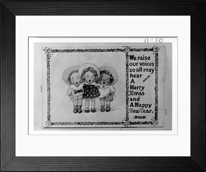 Framed Print : Christmas postcard with carol singers and verse Date: early 20th century Framed Print : Christmas postcard with carol singers and verse Date: early 20th century