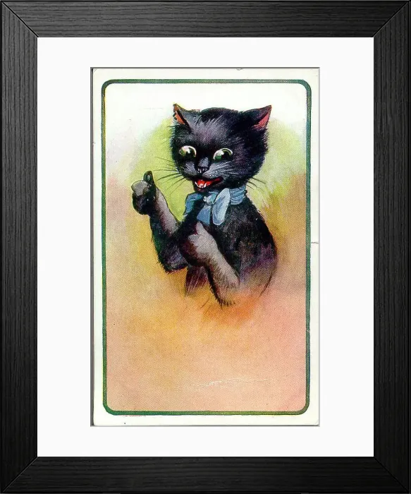 Framed Print : Good luck postcard, Black cat giving thumbs up Date: early 20th century Framed Print : Good luck postcard, Black cat giving thumbs up Date: early 20th century