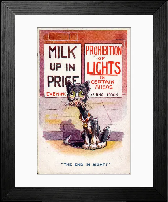 Framed Print : Comic postcard, Cat hit by wartime conditions, milk up in price and prohibition of lights at night - The end in sight! Date: 1914-1918 Framed Print : Comic postcard, Cat hit by wartime conditions, milk up in price and prohibition of lights at night - The end in sight! Date: 1914-1918