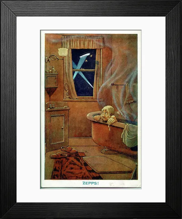 Framed Print : Comic postcard, Man in the bath during an air raid - Zepps! Date: 1914-1918 Framed Print : Comic postcard, Man in the bath during an air raid - Zepps! Date: 1914-1918