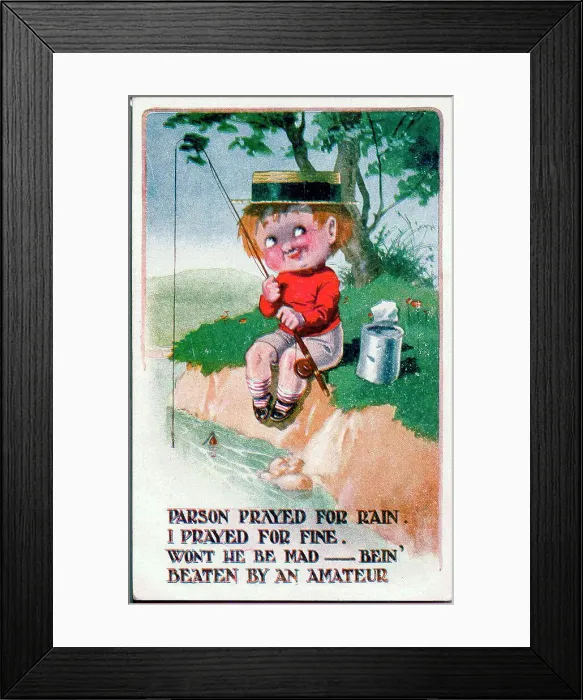 Framed Print : Comic postcard, Little boy fishing - fine weather Date: early 20th century Framed Print : Comic postcard, Little boy fishing - fine weather Date: early 20th century