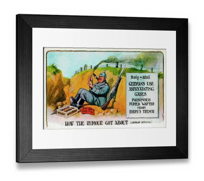 Framed Print : Comic postcard, German soldier with cigar - How the rumour got about (Berlin official). Date: 1914-1918 Framed Print : Comic postcard, German soldier with cigar - How the rumour got about (Berlin official). Date: 1914-1918